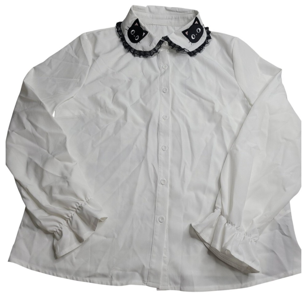 NEW ROMWE White Button Down Blouse Peter‎ Pan Collar with Cat Embroidery Large